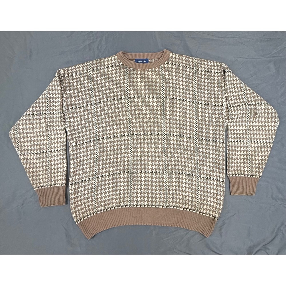 Claybrooke Vintage 90s Mens XL Cotton Houndstooth Plaid Sweater Tan Made in USA